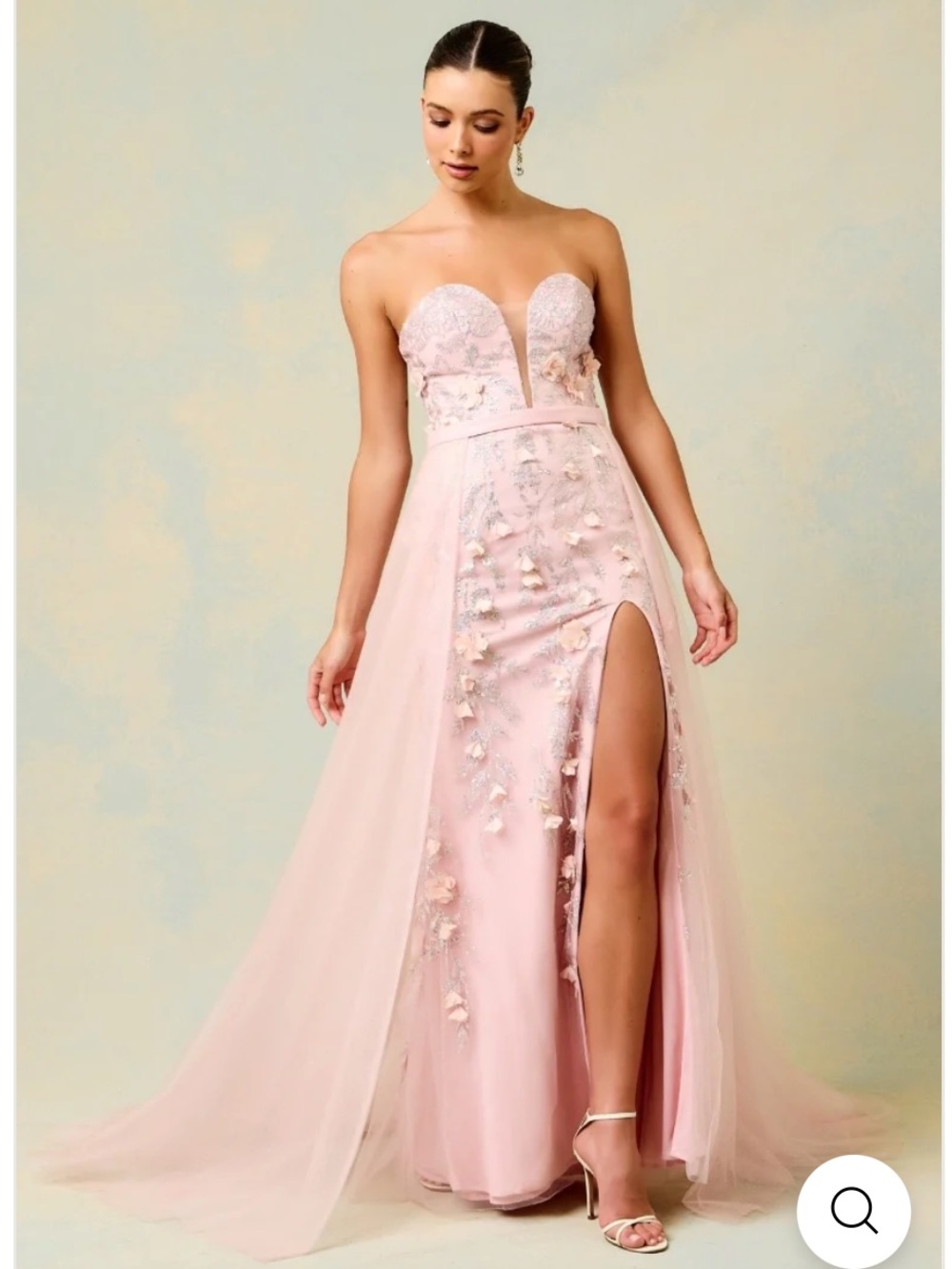 Strapless Sweetheart Pink Evening Gown with Floral Appliqué